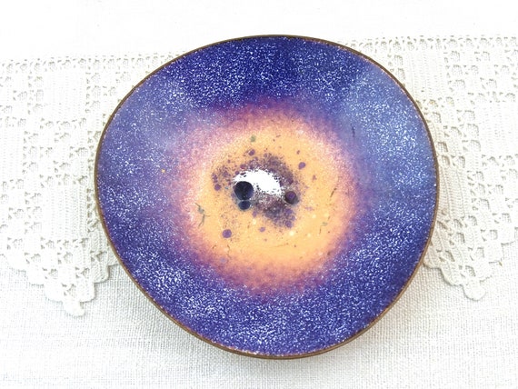 Vintage German Art Enamel Trinket Dish in Purple and Pink Abstract Design on Copper, Retro Decorative Bowl from Germany, Colorful Ashtray