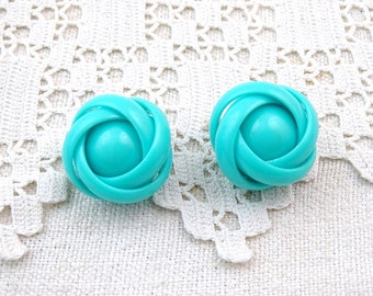 Vintage 1980s Turquoise Plastic Wrapped Clip On Earrings, Retro Minimalist 80s Fashion Accessory from Paris France, Woman Ear Mode Gift