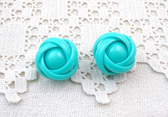 Vintage 1980s Turquoise Plastic Wrapped Clip On Earrings, Retro Minimalist 80s Fashion Accessory from Paris France, Woman Ear Mode Gift