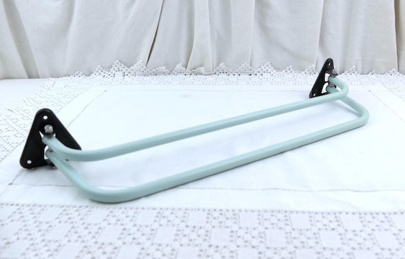 Double French Vintage Mid Century Pale Blue Metal Bathroom Towel Rack, Retro 1950s Bathroom Accessory France, Old Style Drier