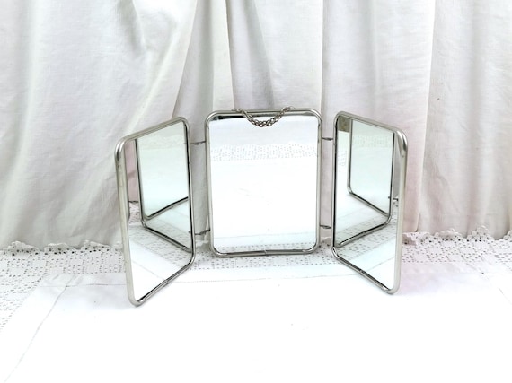 Small Antique French Folding Triptych Distressed Mirror, Vintage Barbers 3 Piece Hanging Looking Glass  France, Retro Shaving Beard Bathroom