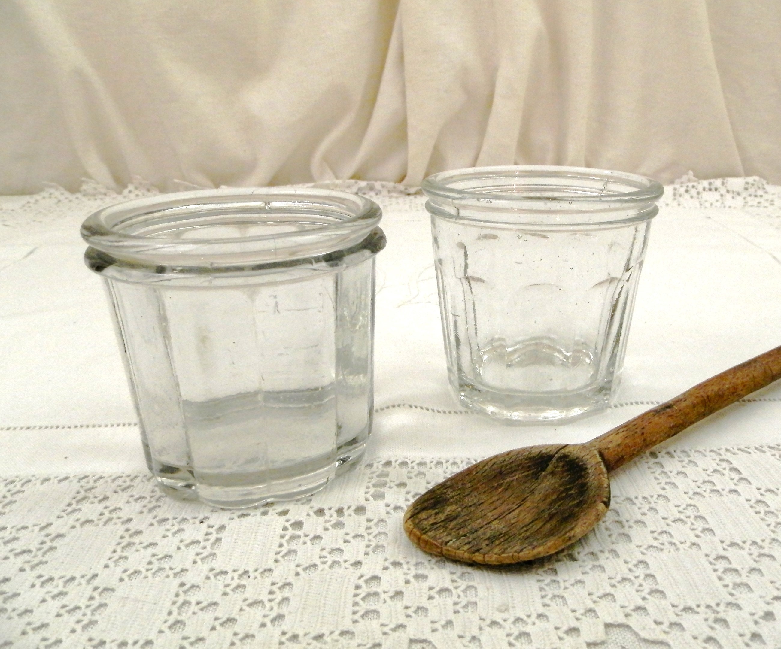 2 Antique French Thick Clear Glass Jam Jars, Vintage Jelly Pots from