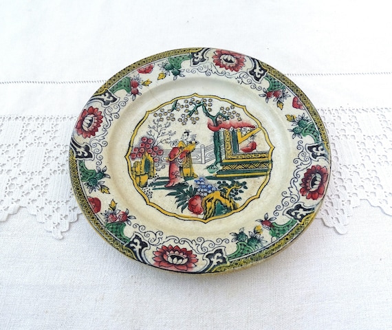 Small Antique French Pottery Colored Chinoiseries Plate, Vintage Side Plate with Chinese Inspired Pattern from France, Old Style Japonisme