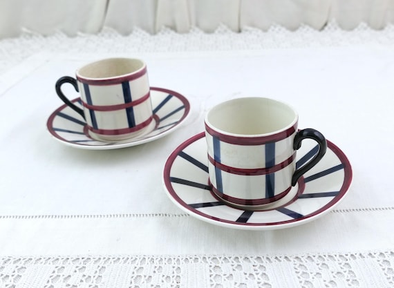 Set of 2 Antique French HBCM Creil et Montereau Espresso Cups and Saucers Béarn Range with Chequered Pattern, Small Crookery Tea Set France
