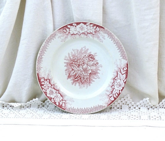 Antique French Round Decorative Palet with Red Wild Rose Pattern by St Amand, Vintage Wall Decor from France, Victorian Flea Market Brocante