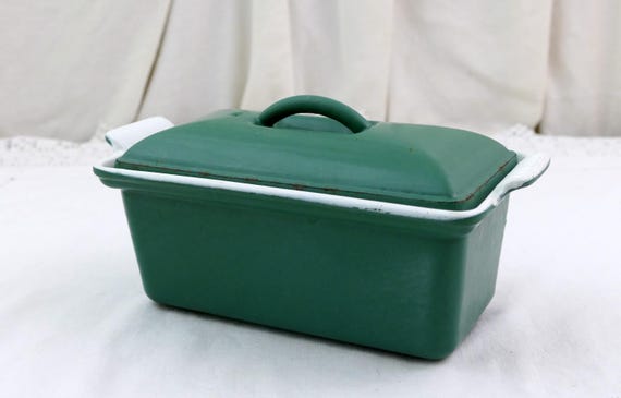Vintage French Le Creuset Green Enameled Rectangular Pâté Terrine Dish and Lid, Ovenware Enamelware France, Cooked Meat Kitchenware