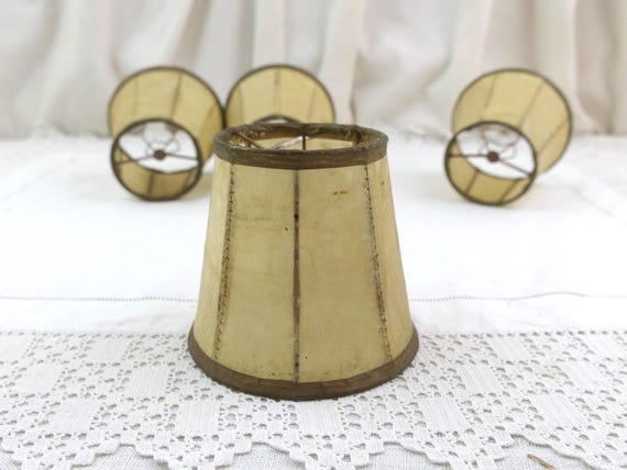 Set of Four Vintage Hide Covered Lampshades with Stitched Seams, Retro Beige Parchment Shades for Table Lamps and Wall Lights
