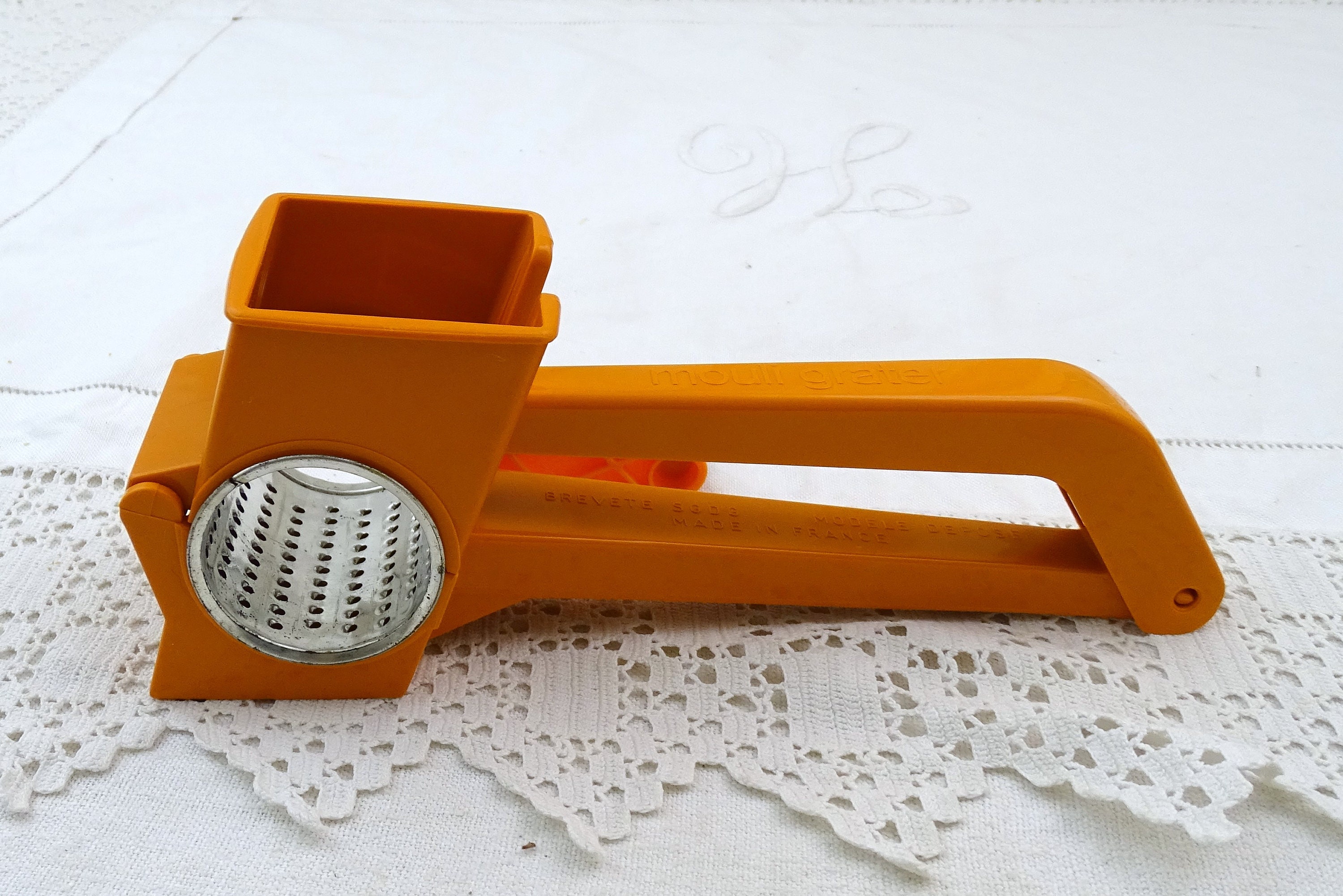 Vintage French Mid Century Orange Hand Held Cheese Grater, Retro