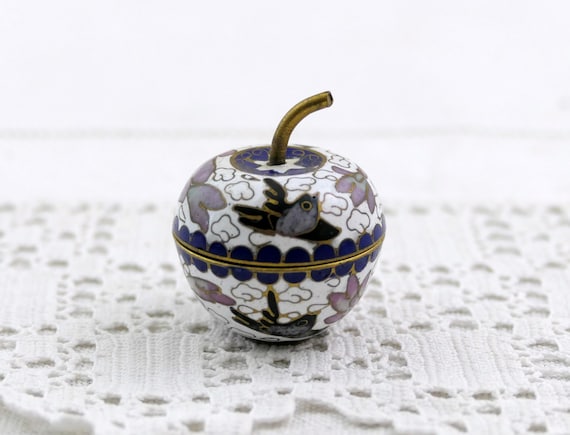 Small Vintage Cloisonné Enamel Apple Shaped Trinket Box with Swallow Pattern, Retro Fun Little Colorful Metal Container with Bird Design