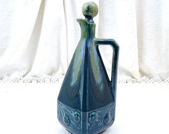 Antique French Denbac Ceramic Art Deco Decanter and Stopper in Blue Drip Glaze, Retro 1930s Pottery Pitcher from France, Teal Blue Jug
