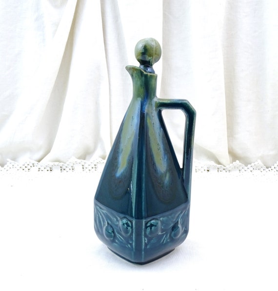 Antique French Denbac Ceramic Art Deco Decanter and Stopper in Blue Drip Glaze, Retro 1930s Pottery Pitcher from France, Teal Blue Jug