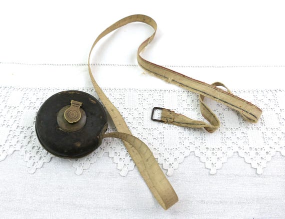 Antique French 10 Meter Leather Bound Round Wind Up Tape Measure, Old Style Measuring Tool from France, Weathered Worn Patina Workshop