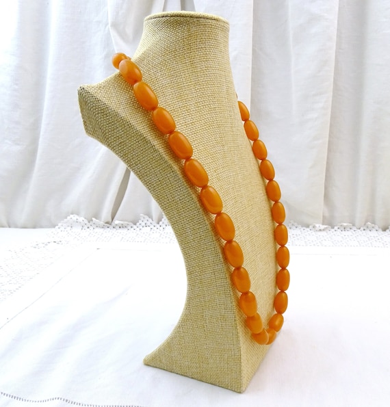 Vintage French Egg Yolk Bakelite Beaded Necklace 27 Inch / 70 cm Long 88 gm, Retro 1920s Butterscotch Early Plastic Womans Jewelry France