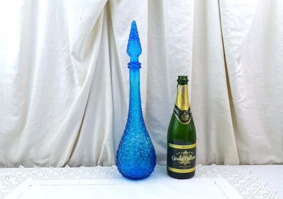 Large Tall Vintage Italian Empoli Mid Century 1960s Blue Glass Genie Bottle  Floor Decanter with Stopper, European Glassware Carafe