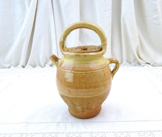 Antique French Ceramic Water Pitcher with Top Handle and Lid, Vintage Rural Country Pottery Jug from France, Farmhouse  Kitchen Decor