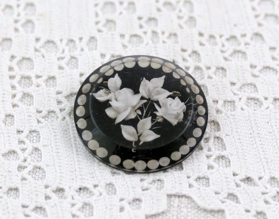 Vintage French Reversed Lucite Black Carved Round Brooch with Flower Composition, Retro 1940s / 1950s Curio Mourning Jewelry Pin from France