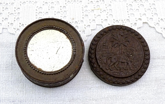 Antique Exotic Metal Box with Mirror on the Base and Embossed Lion Pattern on the Lid With Palm Tree, North African / Indian Tin Container