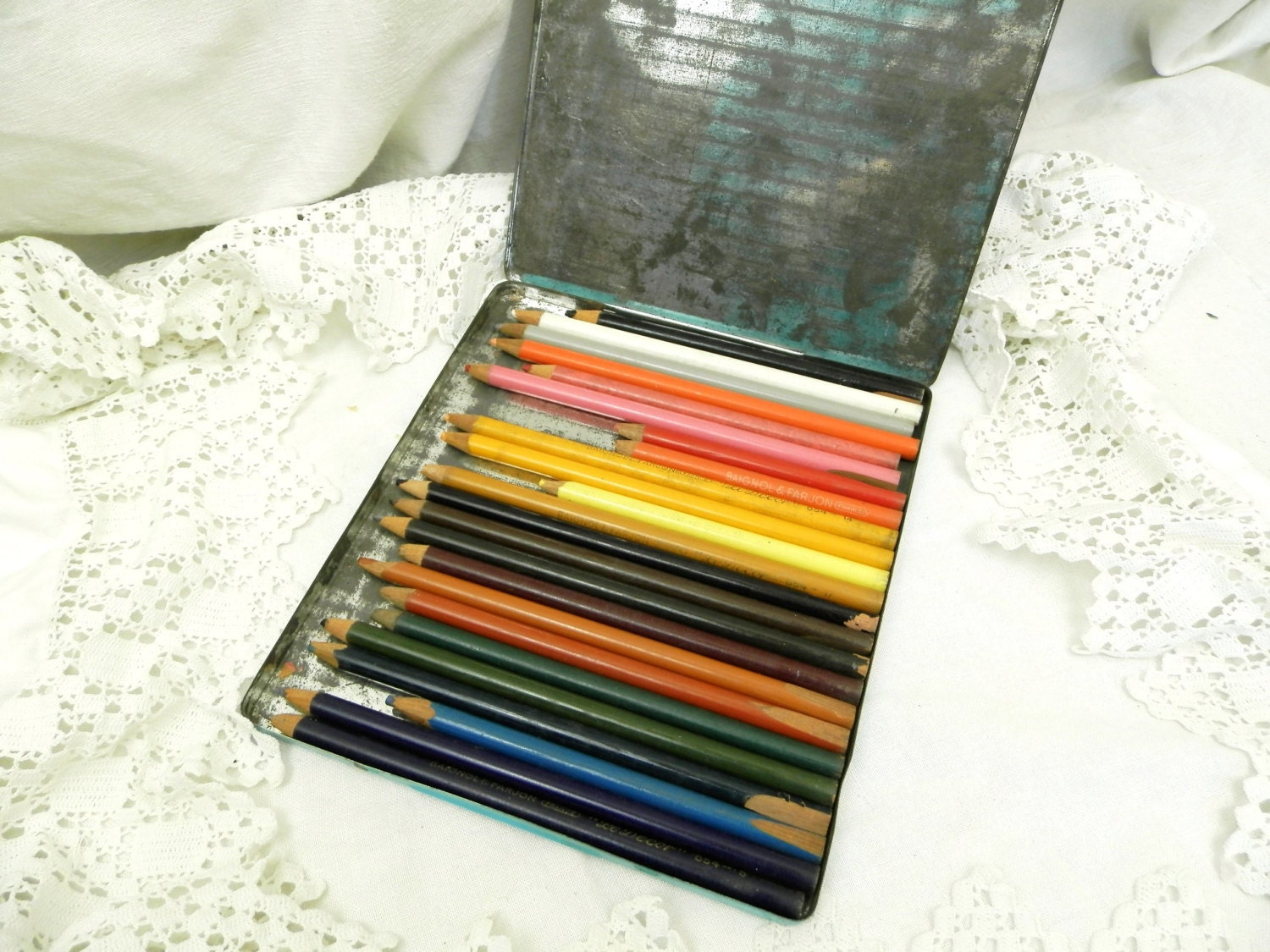 Vintage French Mid Century Blue and Pink Metal Box with 24 Colored