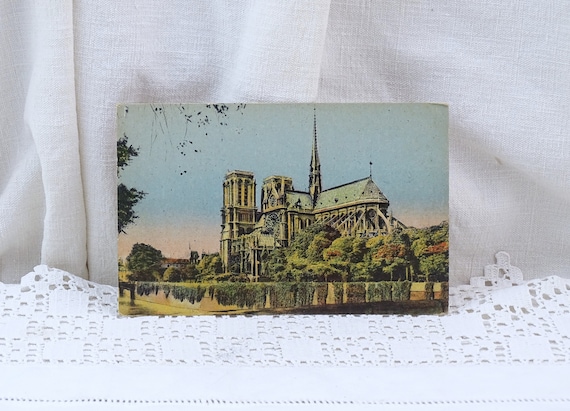 French Antique Colored Black and White Postcard of Notre Dame Cathedral in Paris, Vintage Famous Parisian Monument from France