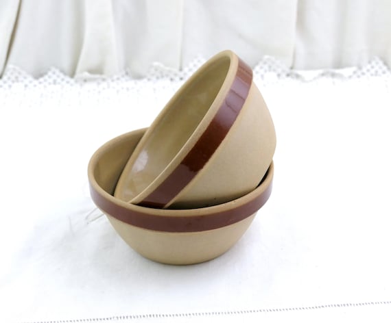 2 Vintage French Country Rillette Pate Bowls from Sarthe in Brown Salt Glazed Earthenware Pottery, Primitive Rustic Rural Kitchen of France