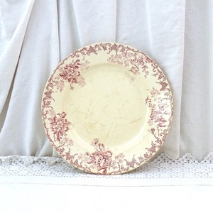 Antique French Ironware Serving Plate by Choisy Le Roi with Flower Pattern in Dark Red Floral Model, Vintage Ironstone Crockery France