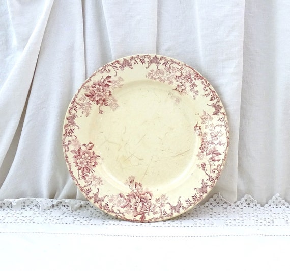 Antique French Ironware Serving Plate by Choisy Le Roi with Flower Pattern in Dark Red Floral Model, Vintage Ironstone Crockery France