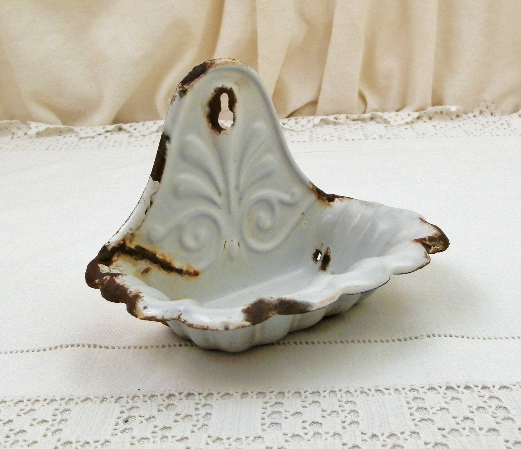 Antique French Wall Hanging Chippy White Porcelain Enamel Soap Dish