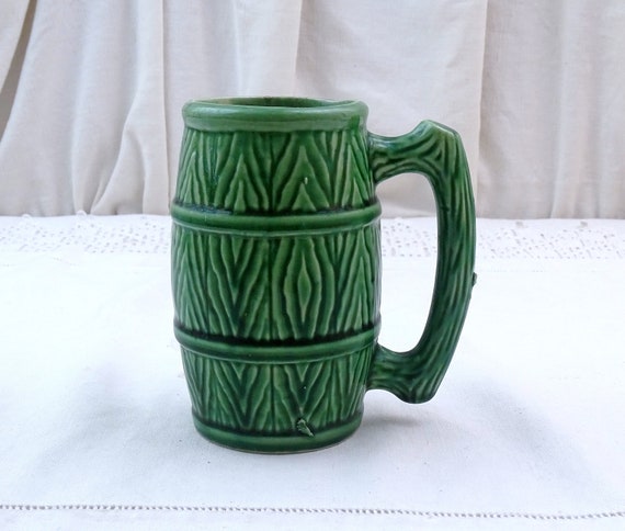 Vintage Majolica Green Glazed Barrel Shaped Beer Tankard, Retro Pottery Coffee Mug Imitation Wooden Barrel, Fun Tea Drinking Rustic Kitchen