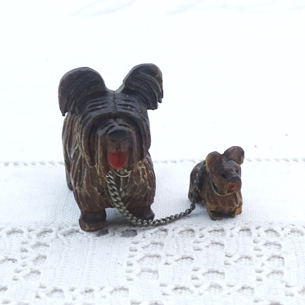 Small Vintage Carved Wooden Black Forest Scottish Terrier Dog with Puppy on Chain Figurine, Small Tiny Art Deco Statuette of Animal Wood