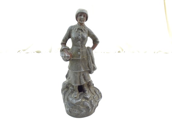 Antique French Metal Sculpture of Fisherwoman, Vintage Statue Figurine of Fisherman's Wife Selling Fish made of Cast Spelter from France