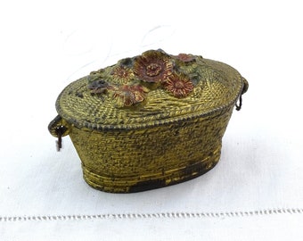 Antique French Golden Metal Flower Basket Jewelry Box, Vintage Victorian Ornamental Trinket Casket, Retro Boho Gold Tone Cast Container