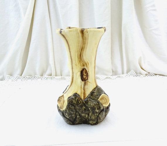 Vintage French Mid Century Novelty Tree Trunk Shaped Pottery Vase by Cérart from Monaco, Forest Wooden Inspired Interior Decor from France