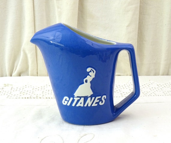 Vintage French 1950s Gitanes Cigarette Promotional Bistro Bar Cafe Water Pitcher Blue and White, Retro Mid Century Modern Advertising Jug