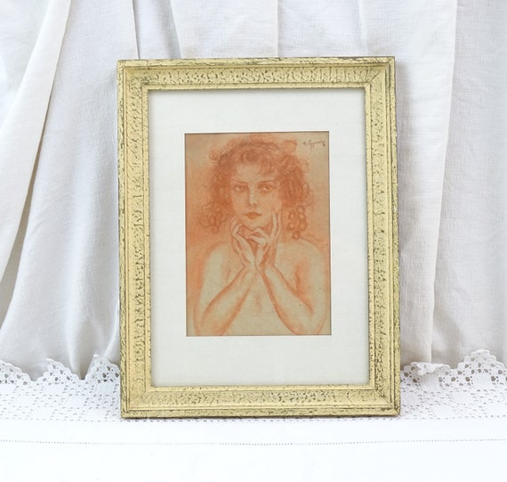 French Vintage Framed Original Red Chalk Portrait of Young Woman with Curly Hair Signed by the Artist T Synavp, Retro Hand Drawn Picture