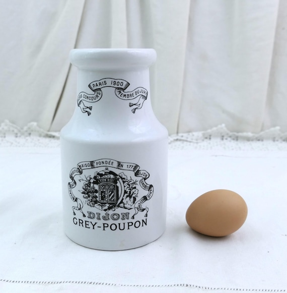 Large Antique French White Pottery Pot for Dijon Grey Poupon Mustard, Vintage Ceramic Kitchen Decor France, Retro Chateau Chic Home Interior
