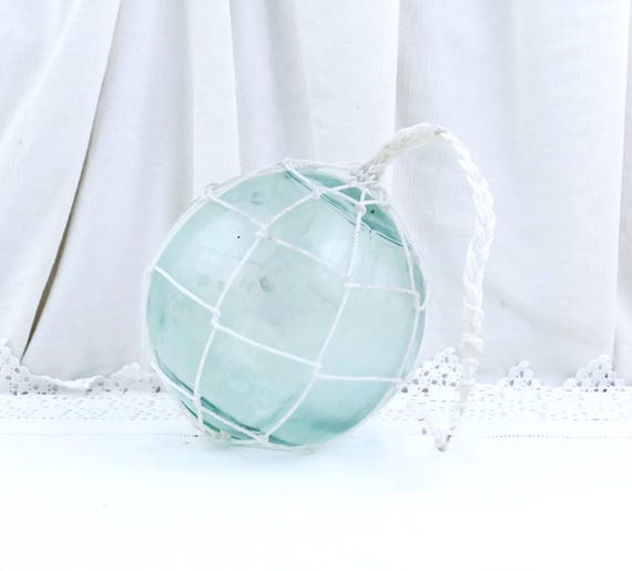 Large Vintage Japanese Glass Fishing Net Float Buoy with Knotted Cord Surround, Retro Fishing Seaside Themed Decor France, Old Style Marine
