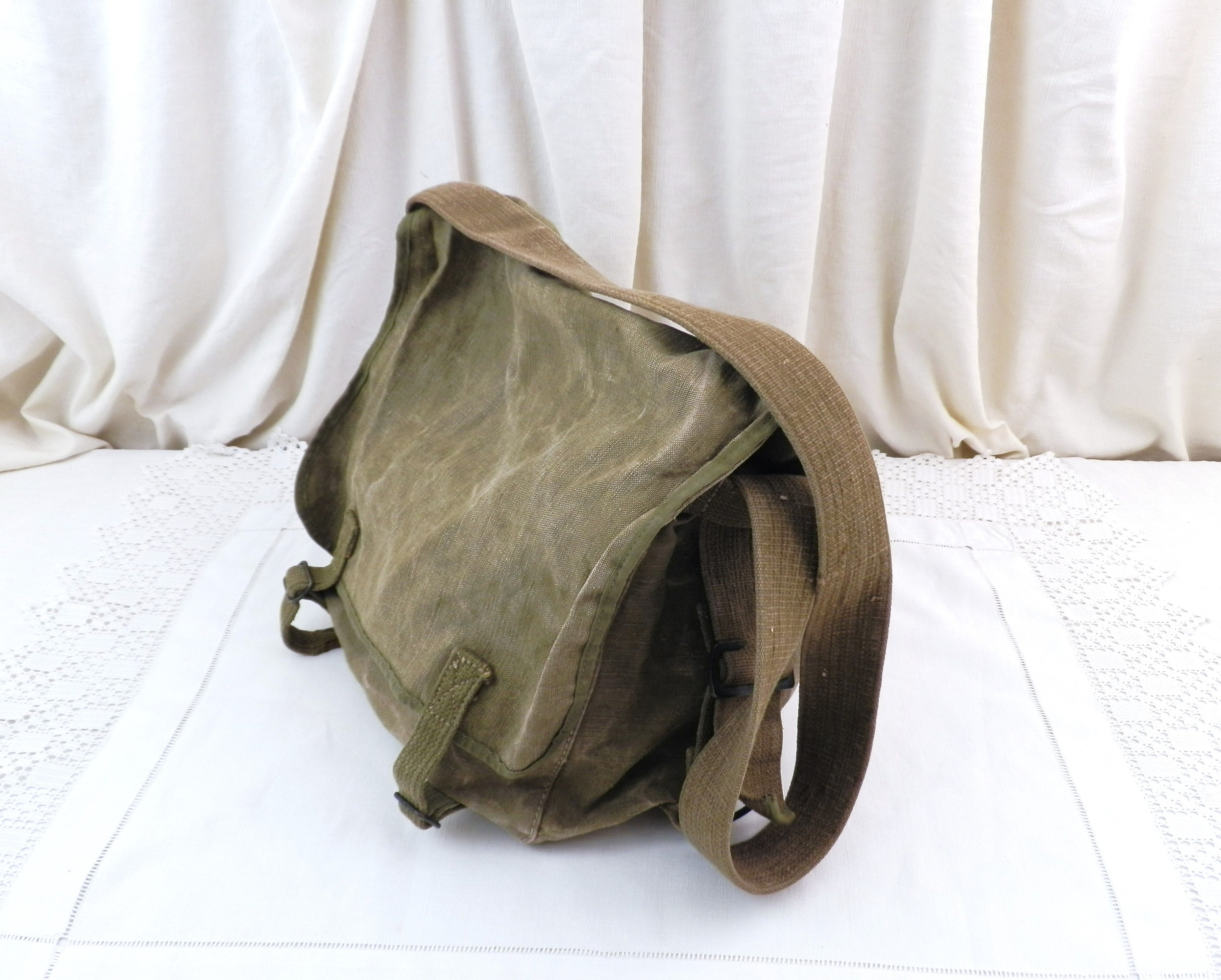 芸能人愛用 Green Khaki Canvas Thick Vintage French Army Bag Shoulder バッグ