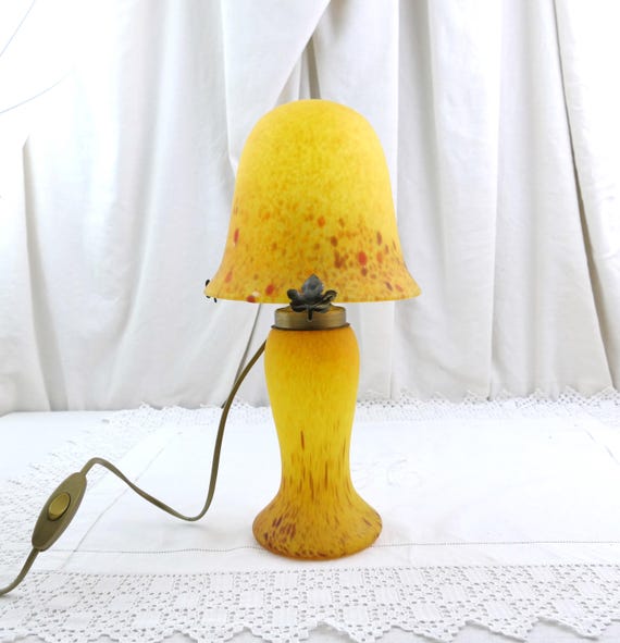 Vintage French Art Deco Style Mushroom Lamp in Colorful Yellow and Red Pressed Glass, Retro 1980s Reproduction Glass Paste Table Light