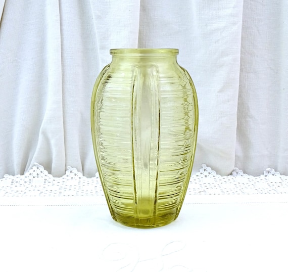 Vintage French Art Deco Pressed Olive Green Depression Glass Vase, Retro Carnival Glassware from France, Old 1940s Brocante Boho Decor