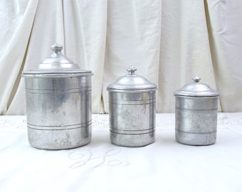 Antique French 3 Piece White Metal Kitchen Canister Set, Retro Country Cottagecore Farmhouse Kitchen Decor France, Old world Interior