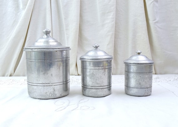 Antique French 3 Piece White Metal Kitchen Canister Set, Retro Country Cottagecore Farmhouse Kitchen Decor France, Old world Interior