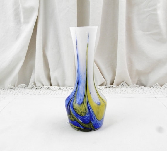 Vintage Mid Century 1960s Art Glass Opaline Colorful Swirling Art Glass Carlo Moretti Style Long Necked Flower Vase, 60s Italian Glassware