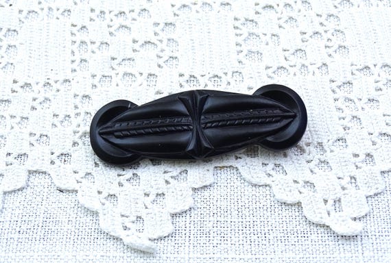 Antique French Jet Art Deco Brooch, Vintage Black Glass Geometric Pattern Pin from France, Retro Mourning Jewelry Dark Opaline Glassware