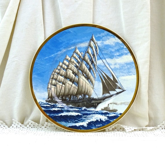 Vintage Artone Bone China Wall Plate with Image of Preussen Sailing Ship, Retro Decorative Boat Themed Decor from England,