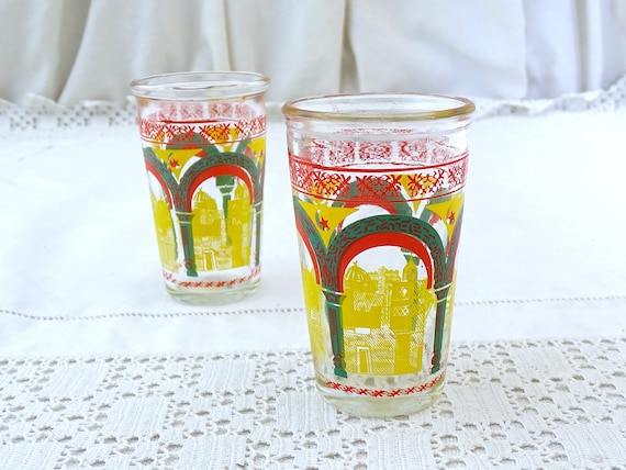 Pair of Vintage North African Clear Printed Mint Tea Glasses in Red Green and Yellow, 2 Retro Moroccan Tea Drinking Accessory from France