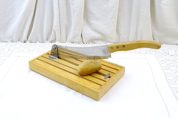 Vintage French Guillotine Bread Knife with Crumb Collecting Tray of Wood and Stainless Steel, Baguette Cutting Board, Kitchen Bread Cutter