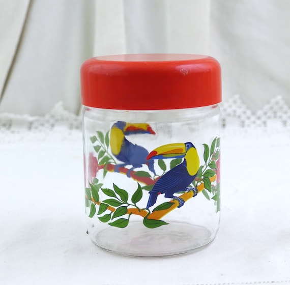 Small Vintage Glass Kitchen Canister with Colorful Parrot and Exotic Flowers Pattern and Red Screw Lid, Little Retro Storage Jar with Birds