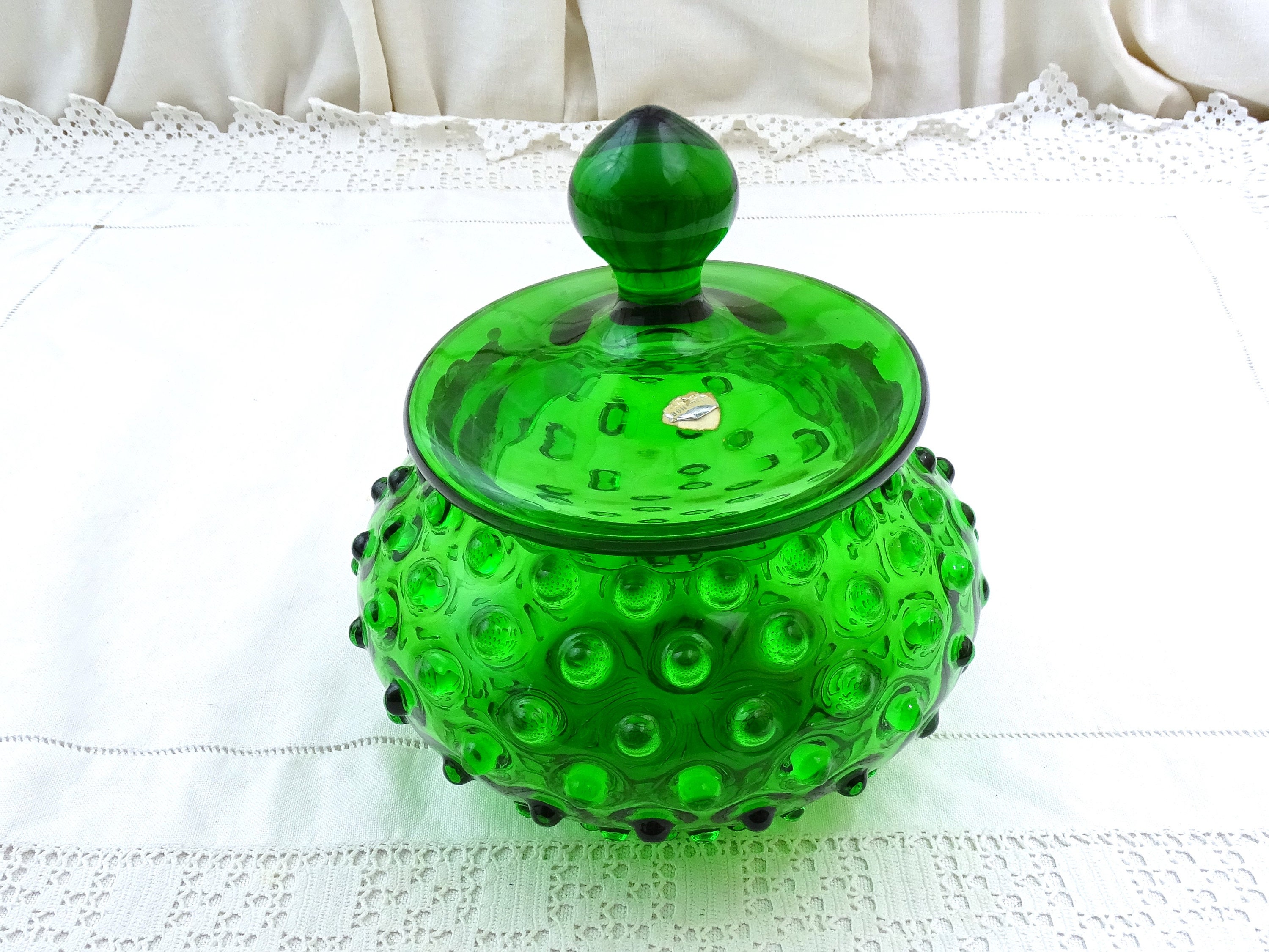 Vintage Mid Century Bohieman Apothecary Green Glass Jar with Bumpy ...