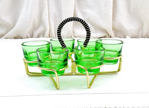 Set of 6 Vintage Mid Century Bottle Green Glass Liquor Glasses with Anodized Carrier by Lever, Retro 1960s Diner Party Accessory from France