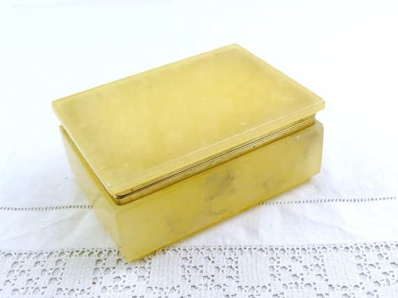 Vintage Carved Polished Pale Alabaster Stone Rectangular Jewelry Box, 1970s Trinket Rock Container France, Hollywood Regency Decor